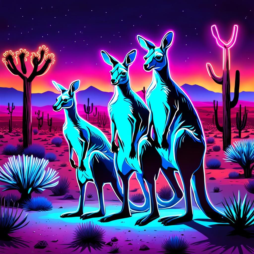 Neon Kangaroos in Desert Night