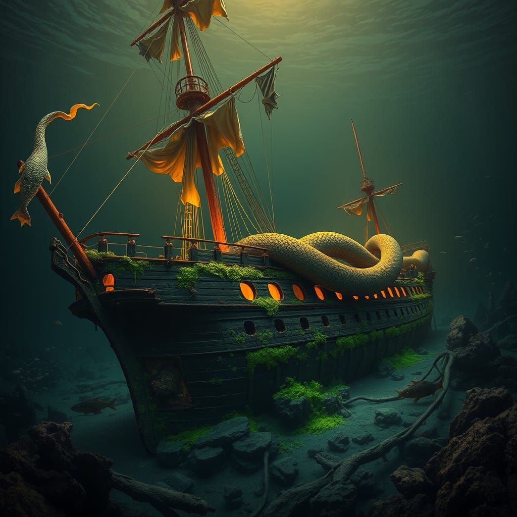 Surreal Submerged Battleship in Vibrant Algae with Golden Se...