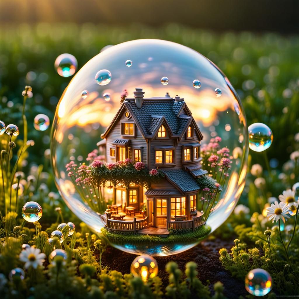 Miniature Cozy Houses Inside Luminous Soap Bubbles