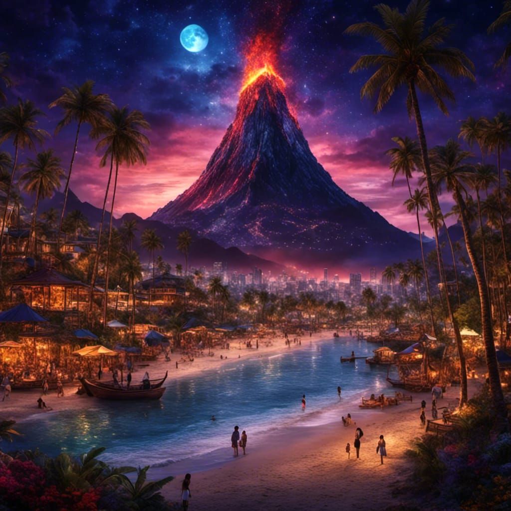 Starry Night Over Waikiki Volcano: Fantasy Art