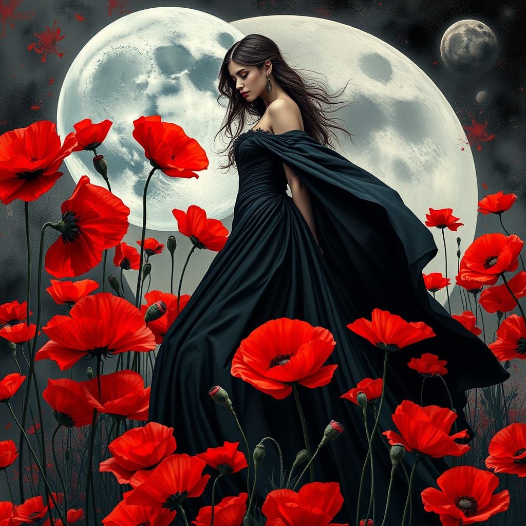 Woman in Poppies: Surreal Abstract Cubism Goth Art