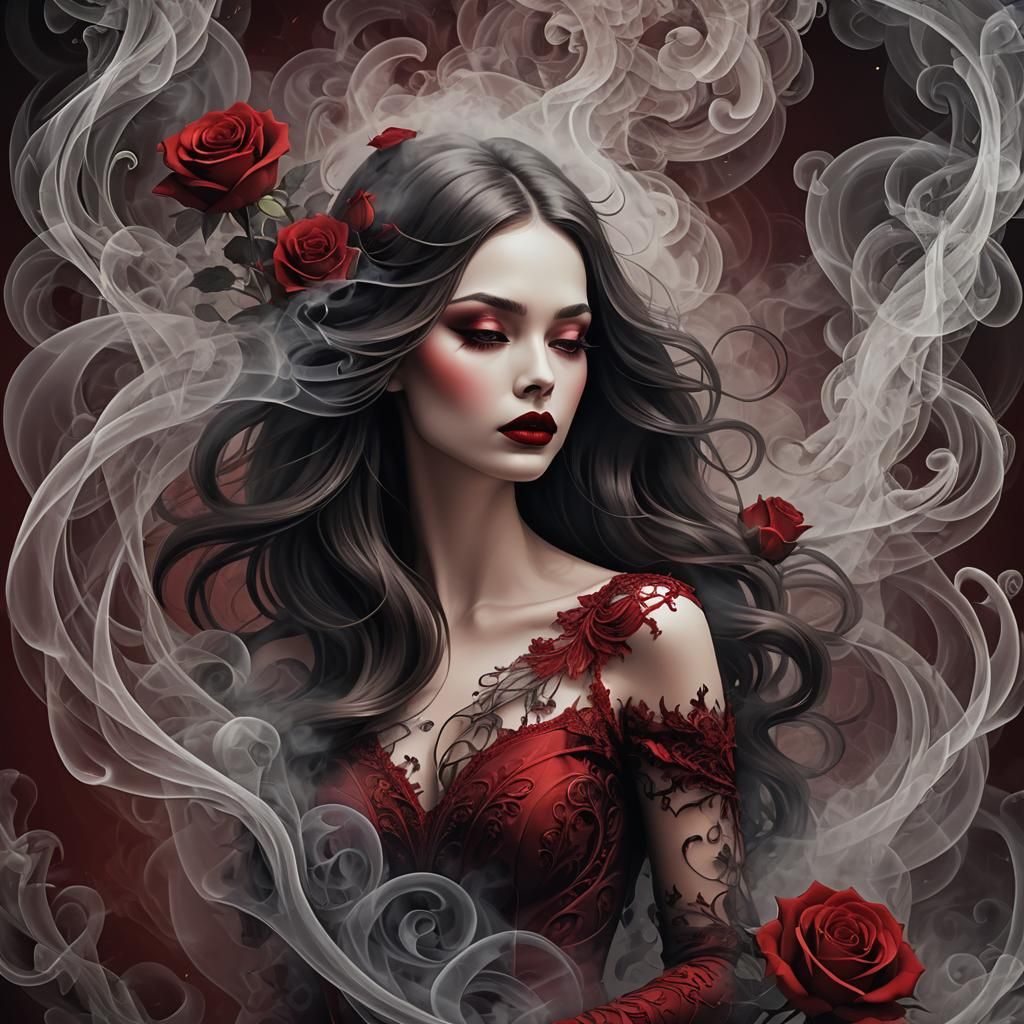 Crystal Girl with Smoking Rose in Abstract Fractal Art