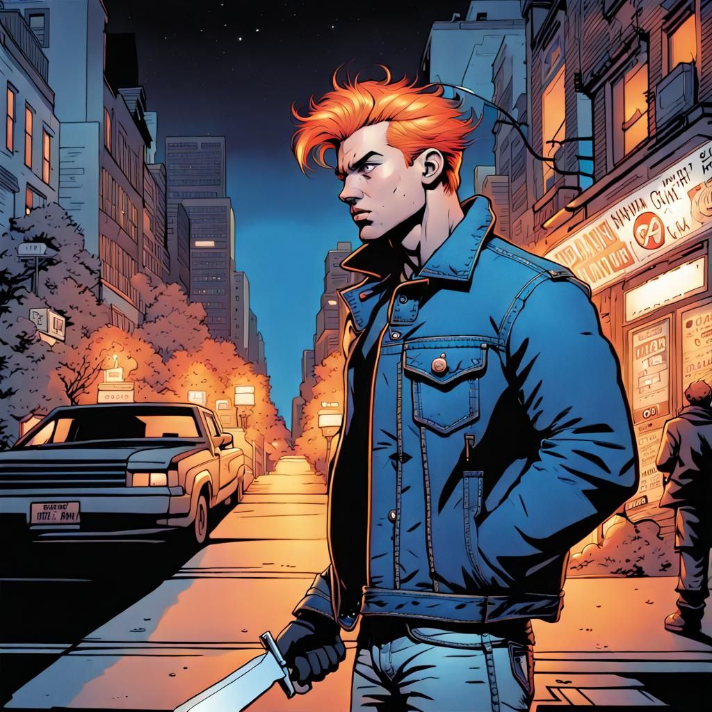 Neon City Punk with Knife, in Comic Book Art