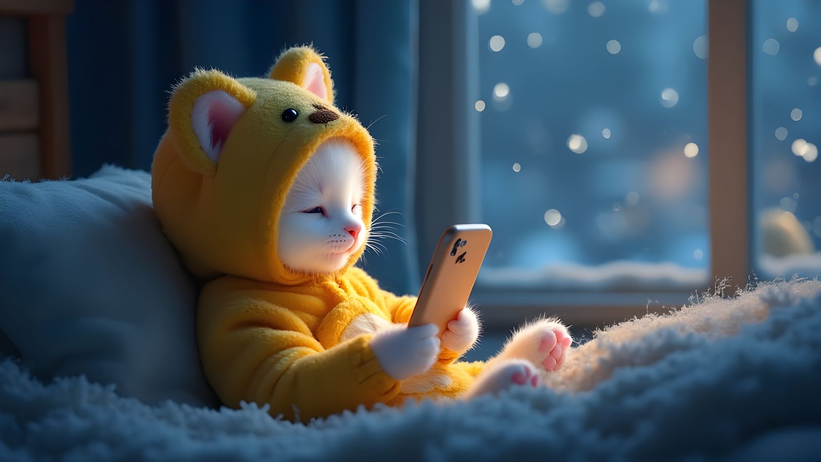 Kitten in Teddy Bear Onesie Using Phone
