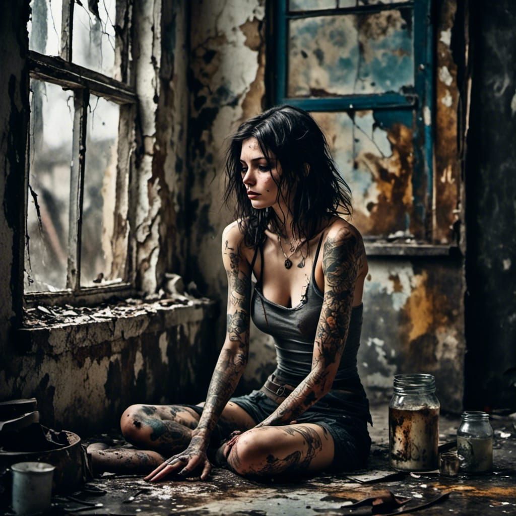 Grunge Brunette in Run-Down Kitchen, Antique Watercolor Styl...