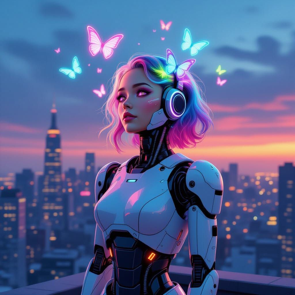 Robot Lady with Neon Butterflies in Cityscape
