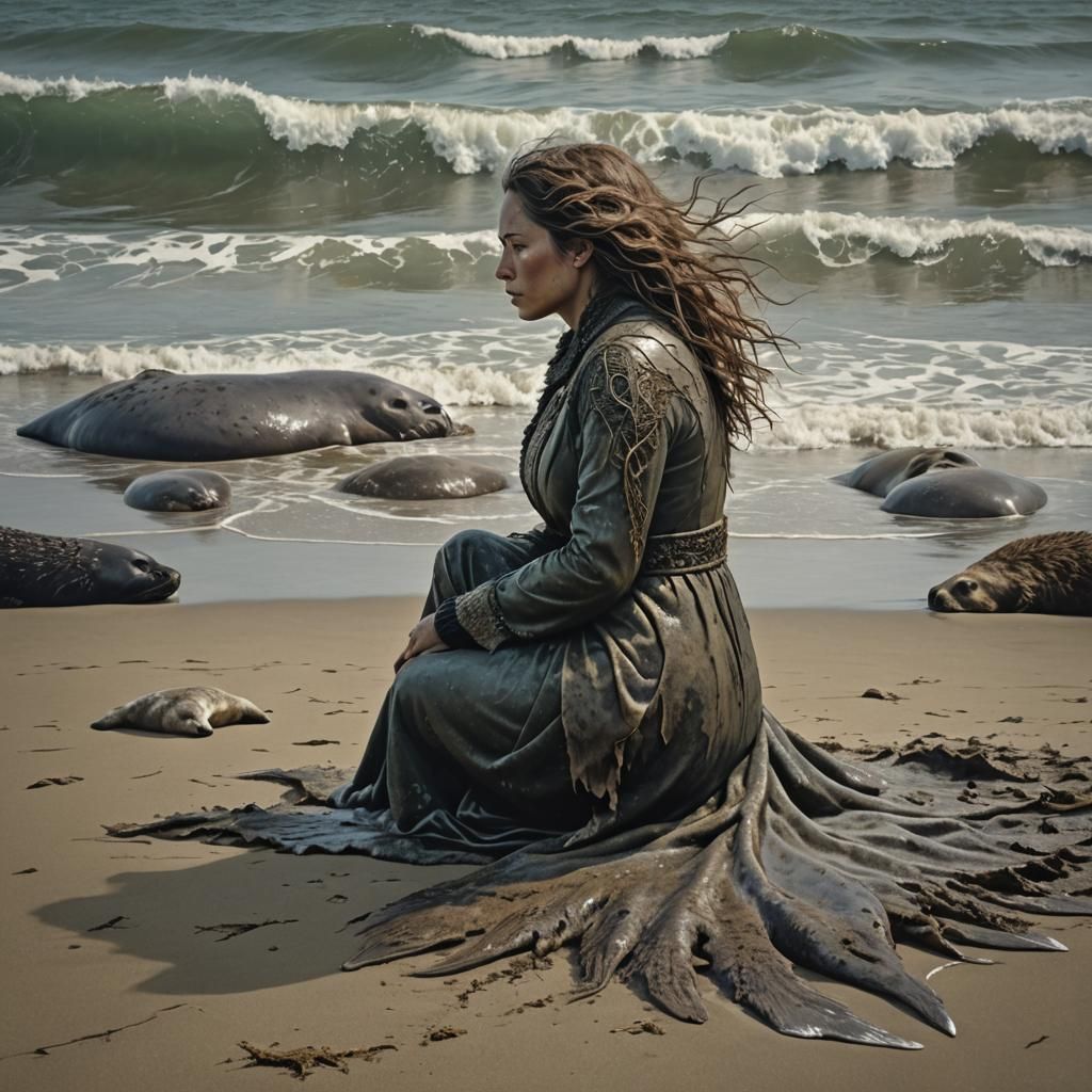Selkie Transformation on the Beach: Fantasy Concept Art