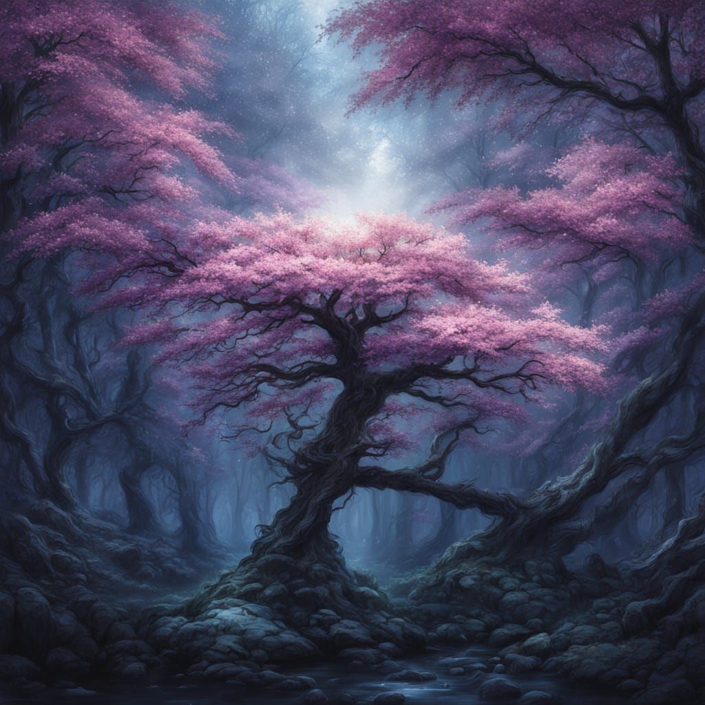 Fantasy Sakura Bloom in Charcoal Illumination