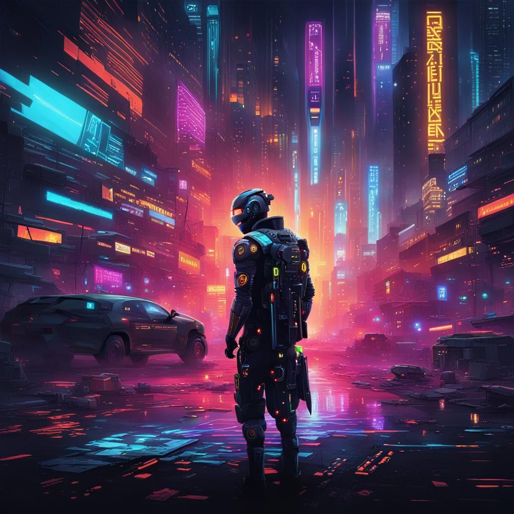 Robot in Cyberpunk Cityscape with Neural Networks