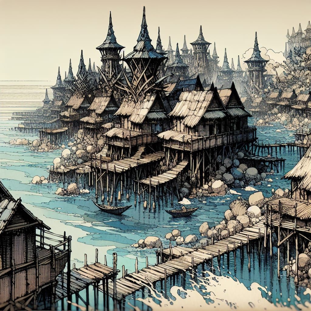 Fantasy Fishing Village on Coral Reef in Watercolor