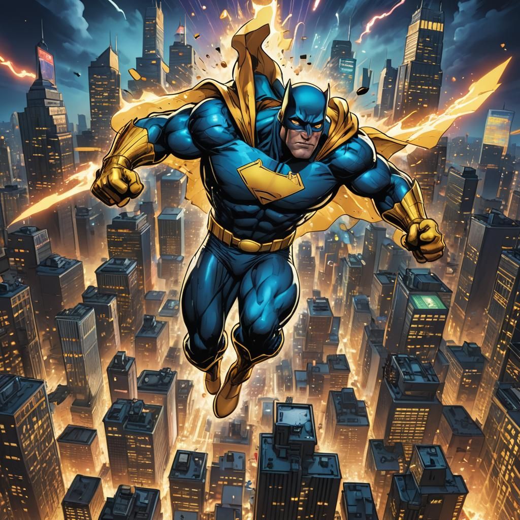 Superhero Flies Through City in Comic Book Style