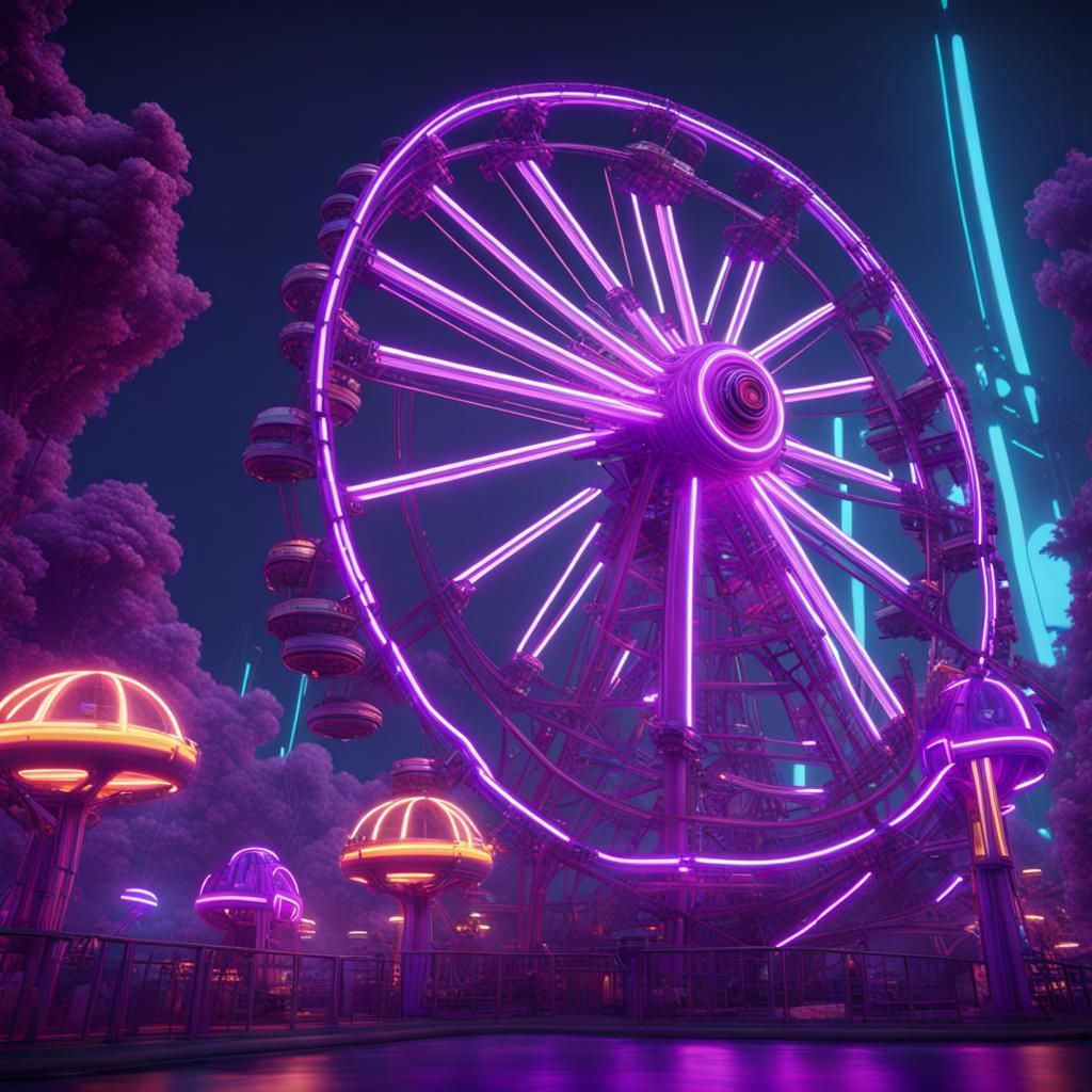 Futuristic Neon Theme Park with Roller Coaster and Robots