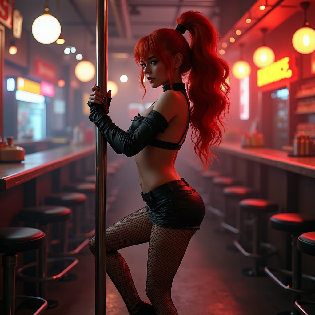 Dystopian Redhead Pole Dancer in Cyberpunk Bar