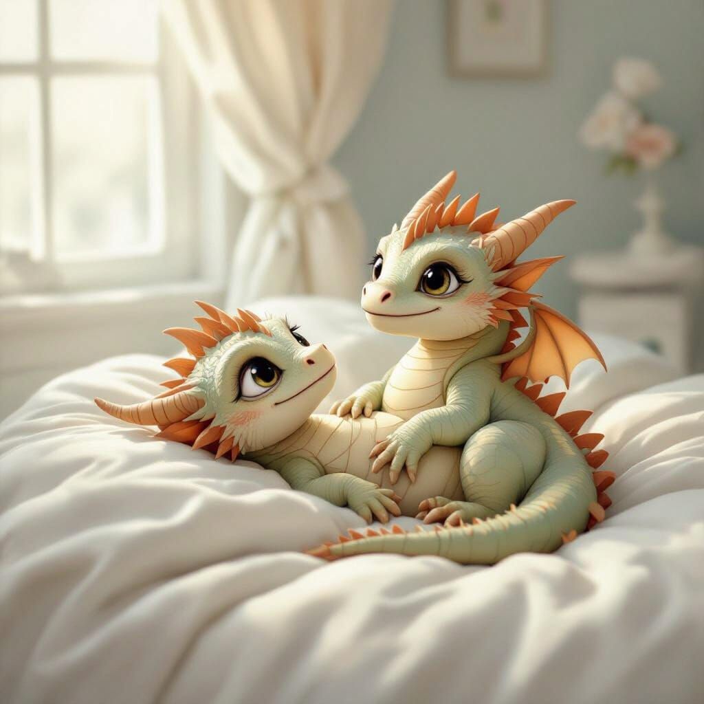 Baby Dragon's Dreamy Nap on a Plush Bed