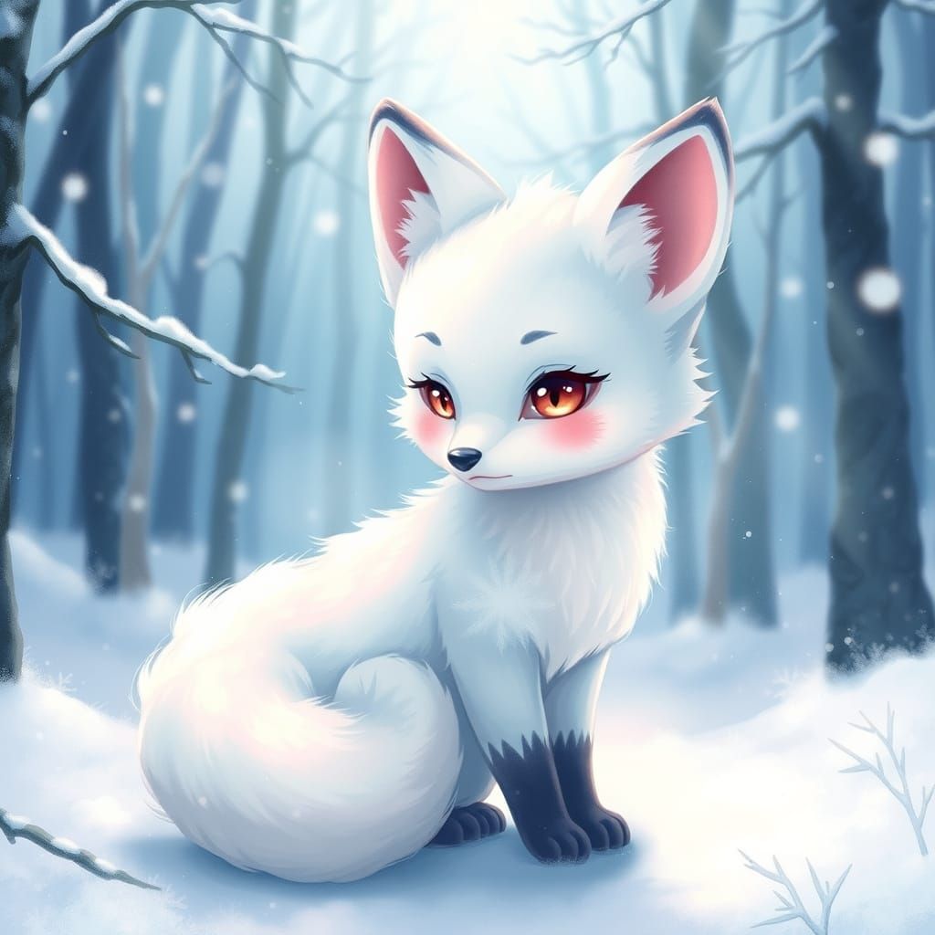 Enchanting Baby Kitsune in Mystical Snowy Woods