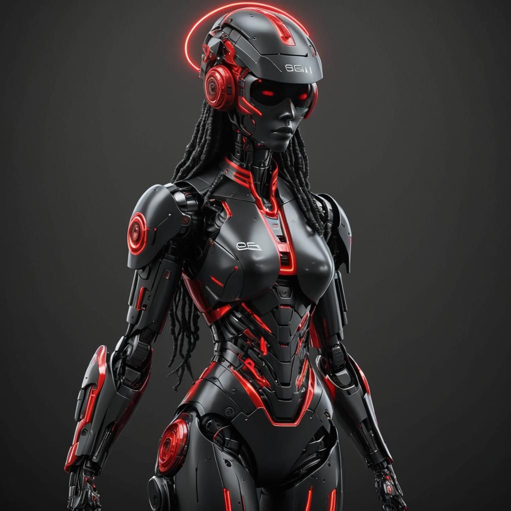 Futuristic Robot Woman in Red Dress, 3D Render