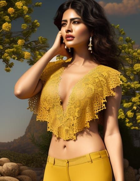 Beautiful Woman in Yellow Lace: Digital Painting