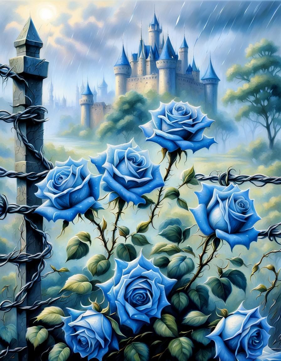 Blue Roses, Barbed Wire, and Castle in Ethereal Mist