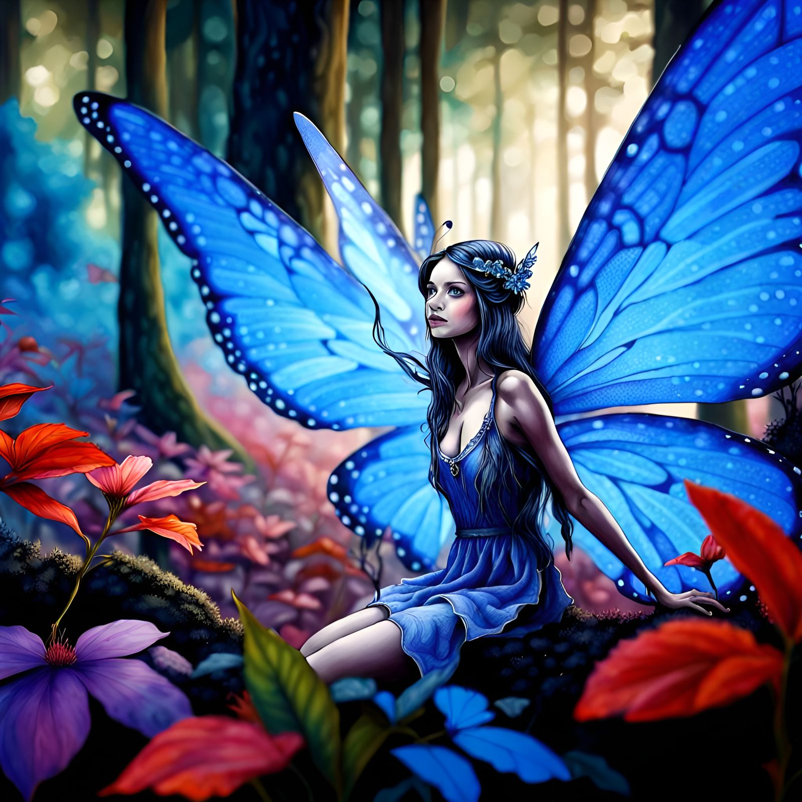 Blue Butterfly fairy in the fantastical fairy enchanted forest