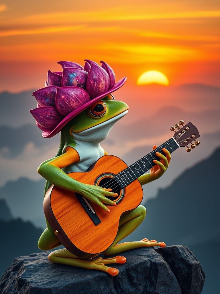 Anthropomorphic Frog Musician at Sunset