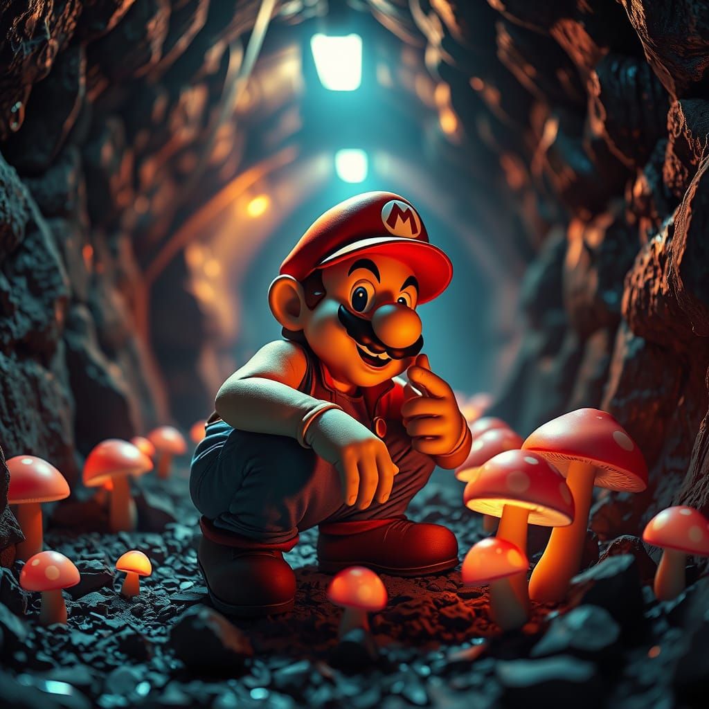 Mario in Hyperrealistic Sewer Scene with Glowing Mushrooms