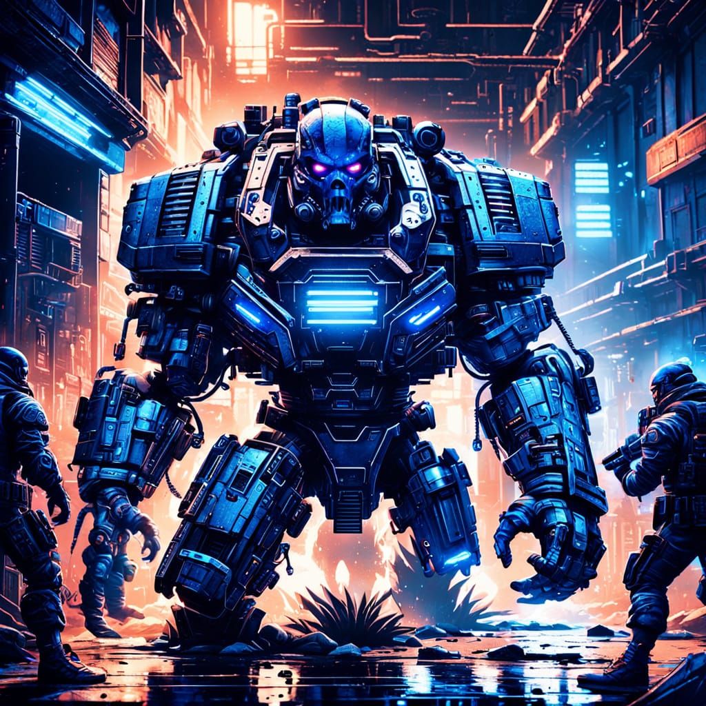 Cyberpunk Ultramarine Squad in Dark Alley Fight