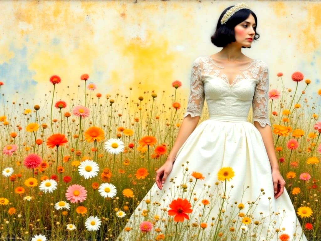 Klimt-Inspired Woman in White Wedding Dress