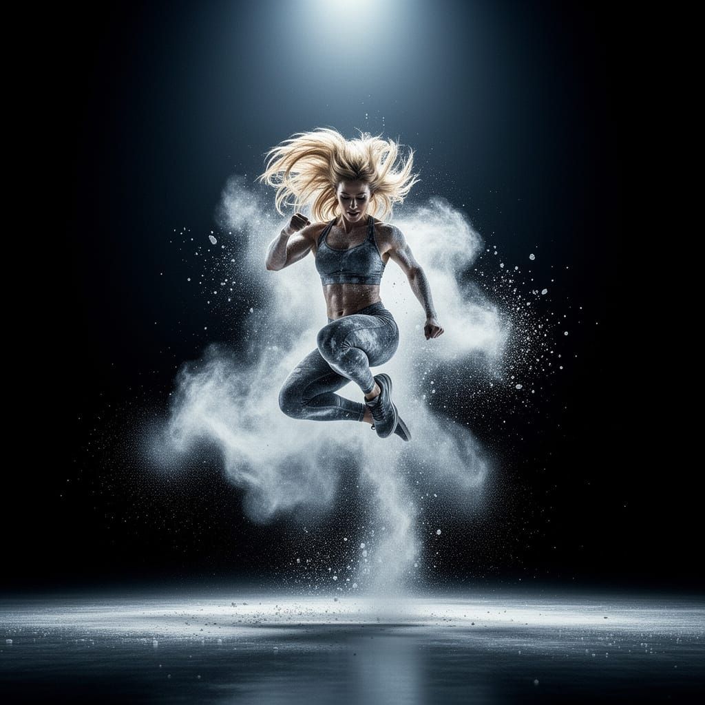 Woman in Explosive White Dust Cloud, Dramatic Low-Key Photog...