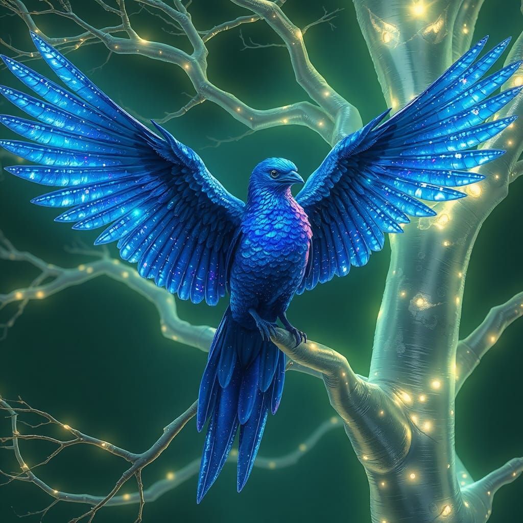 Majestic Blue Bird in Luminous Tree