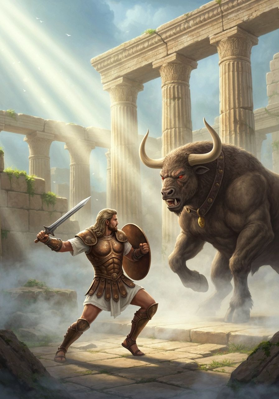 Theseus Battles Minotaur in Ancient Labyrinth