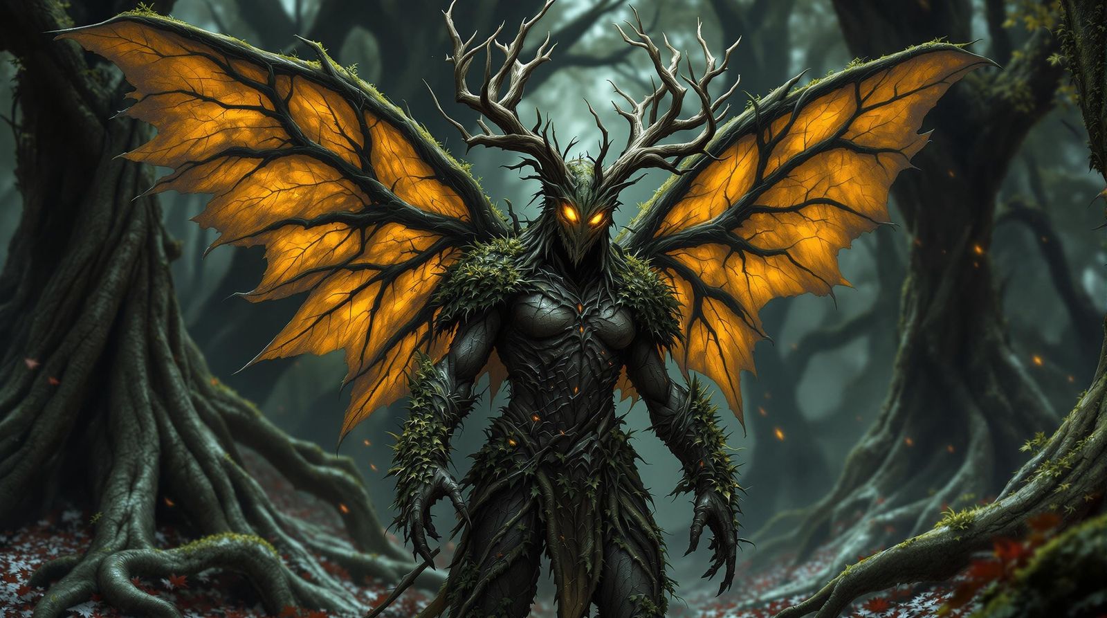 A fearsome, ancient nature fairy wearing full moss and bark ...