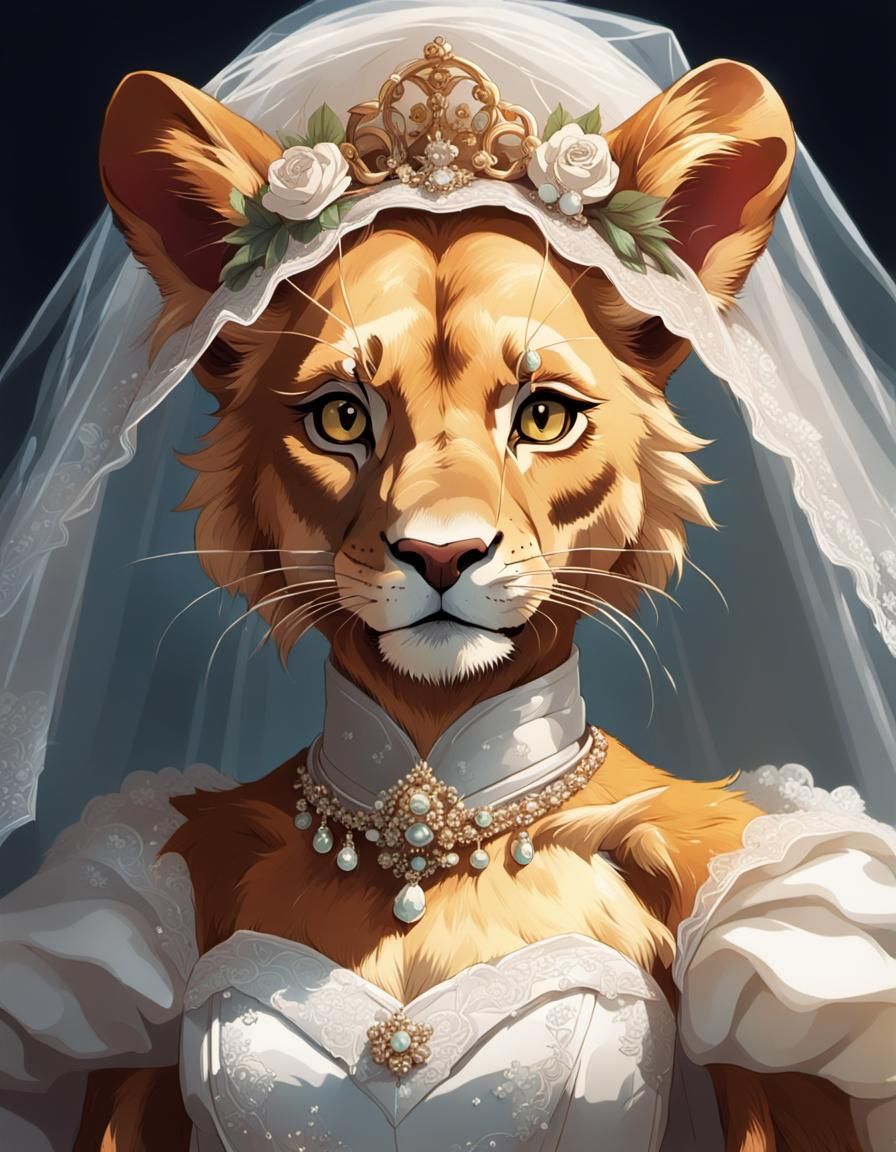 Lioness and Mouse Wedding Portrait in Anime Style