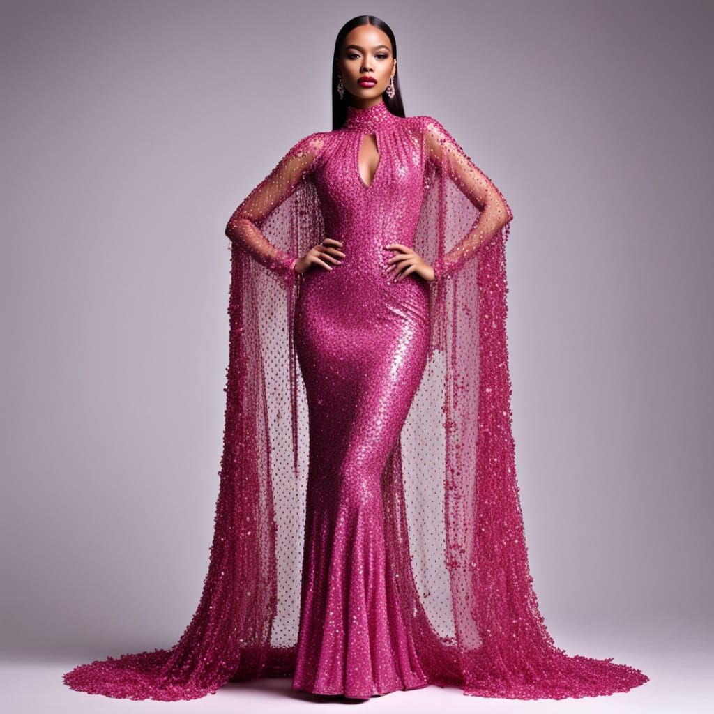Rose Quartz Gown with Diamond Cape in Photorealistic Style