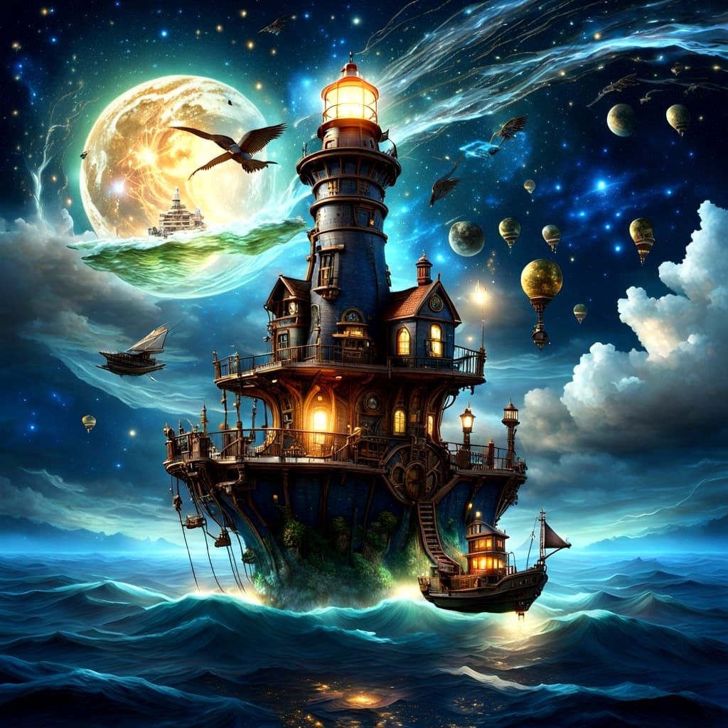 Steampunk Lighthouse on Floating Island in Starry Sky