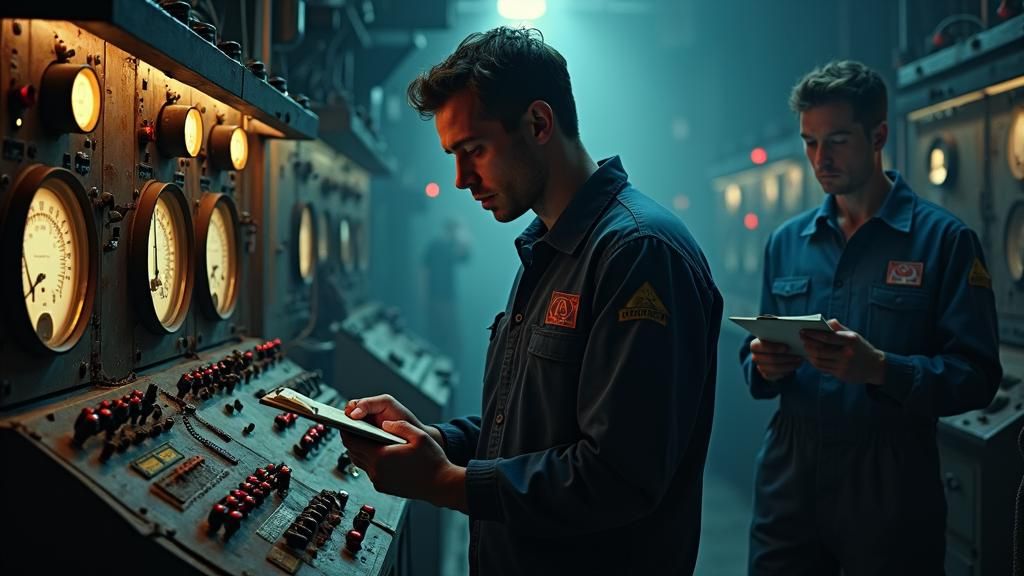 Technicians in Dimly Lit Control Room, Oil Painting