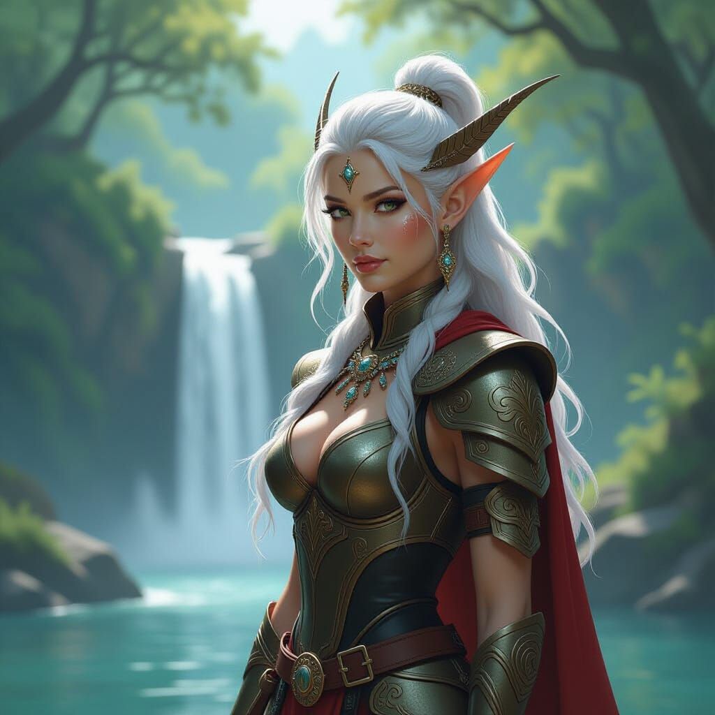 Lashunta Warrior by Waterfall in Mystical Landscape Style