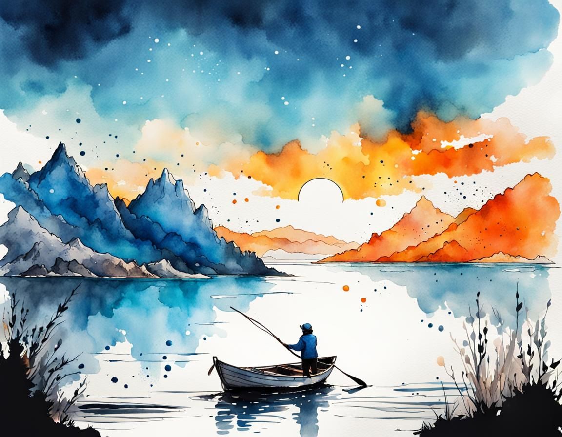 Ink Splash Art of Frosty Lake and Mountains