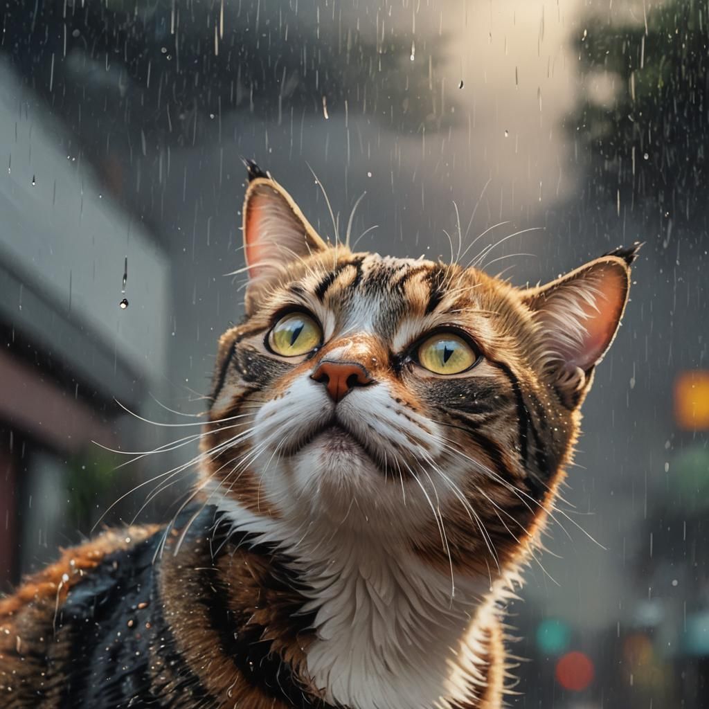 Hyperrealistic Cat Hiding from Rain in Splash Art