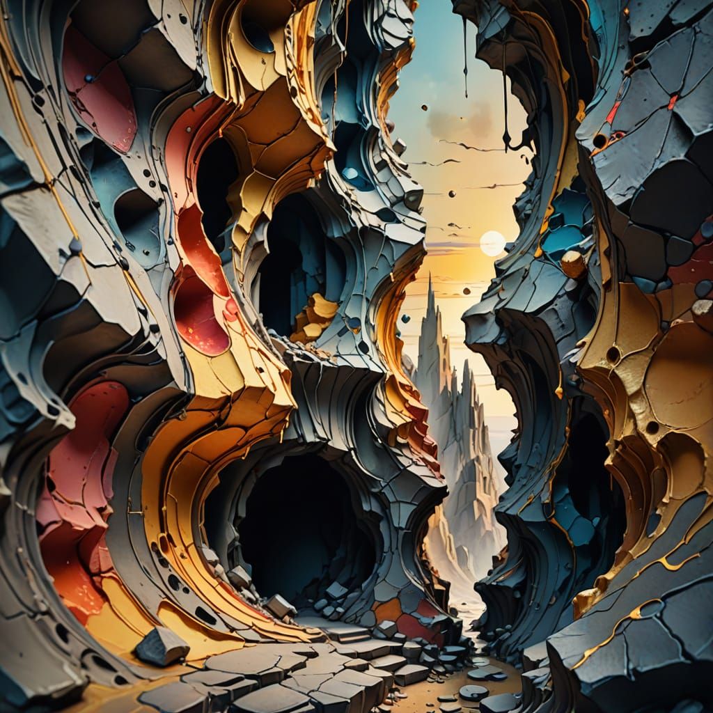 Surreal Crevice with 3D Elements in Mixed Media