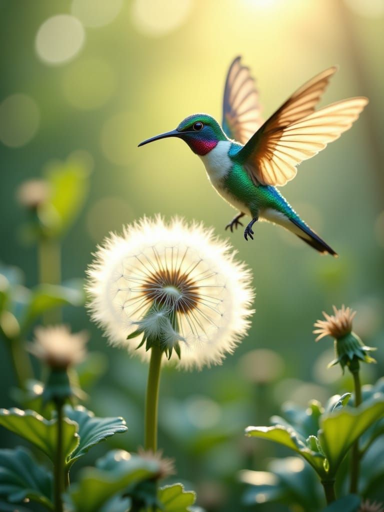 Iridescent Hummingbird Over Dandelion in Watercolor Style