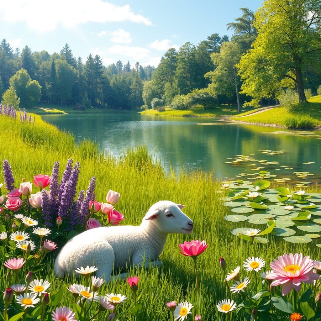 Serene Landscape Inspired by Psalm 23, with a Lamb in a Gree...