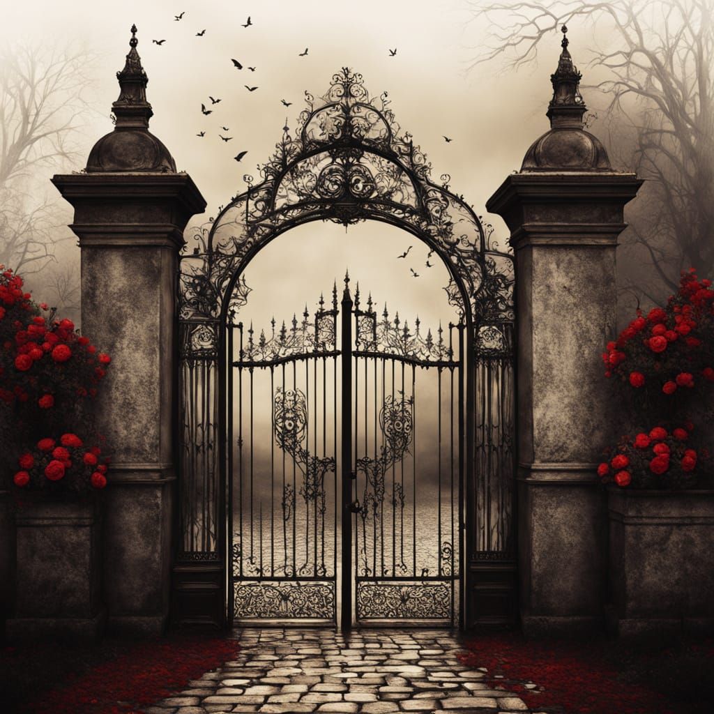 Gothic Iron Gates in Dark Romantic Pop-Surrealist Style