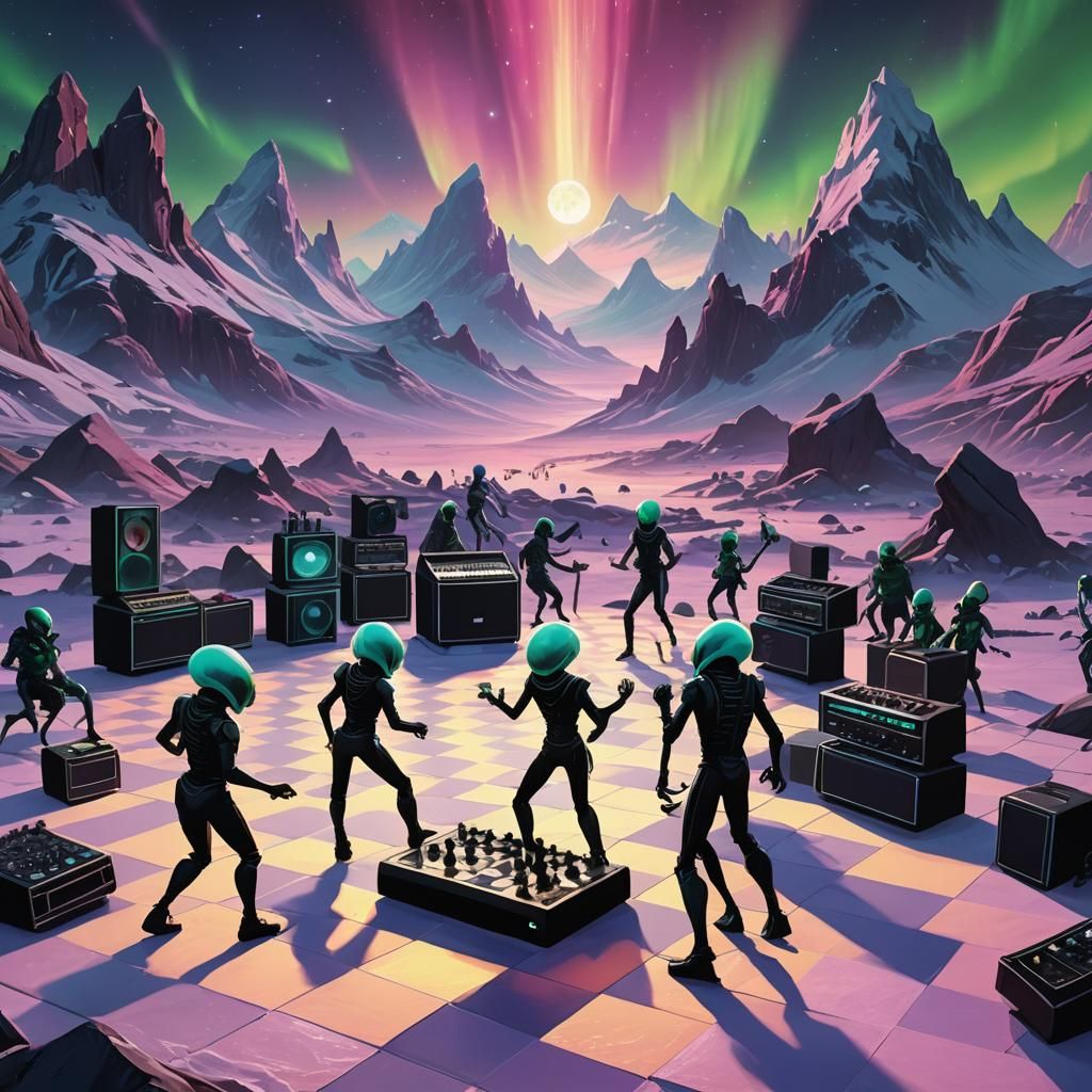 Alien Rock Band Concert Under Aurora, 3D Rendered