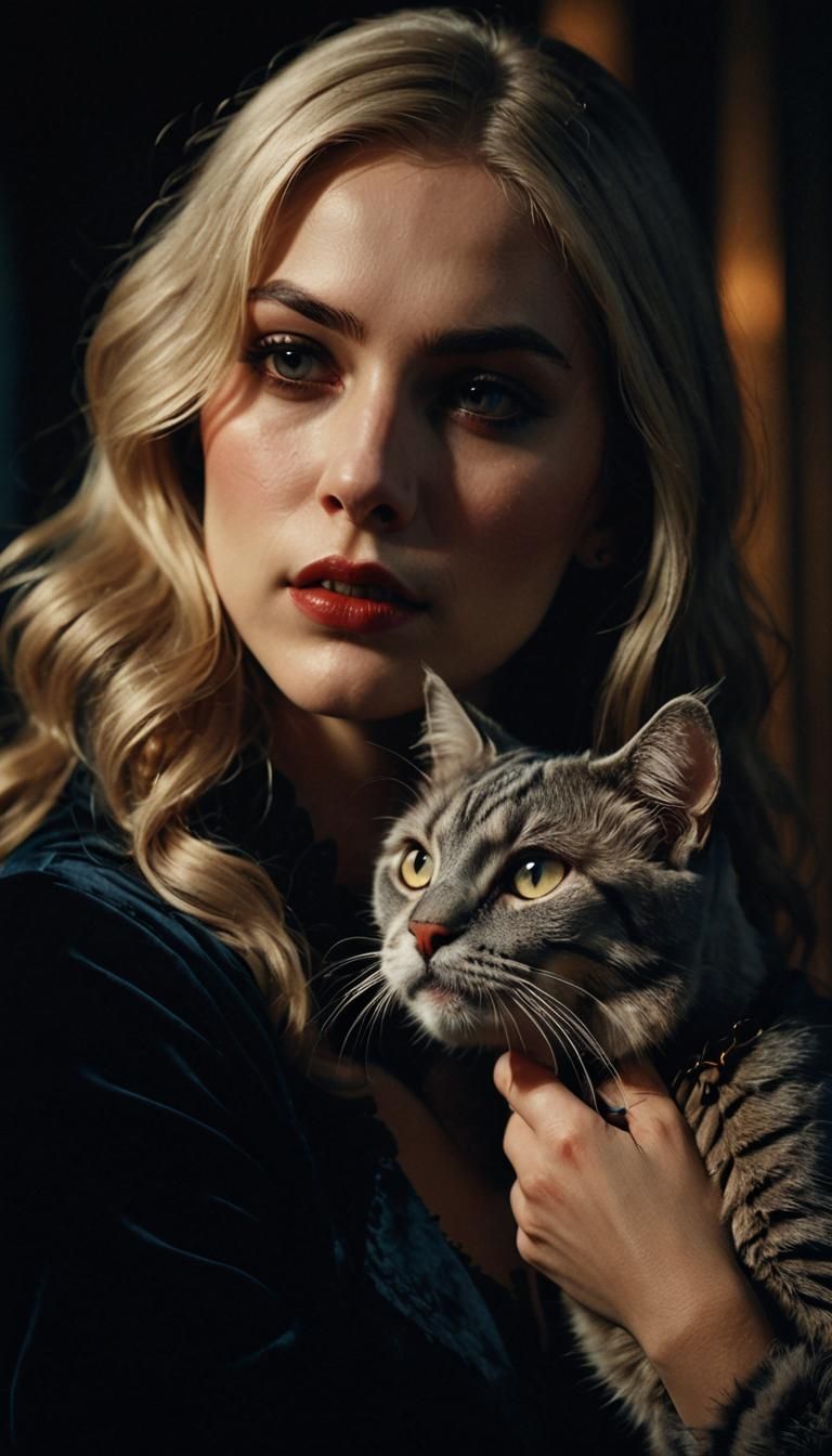 Vampire Caressing Cat in Gothic Film Still