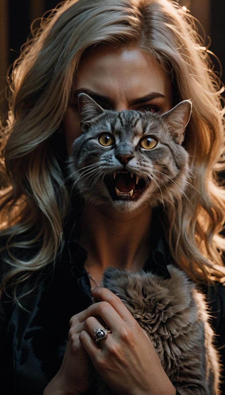 Vampire Caressing Cat in Film Noir Style