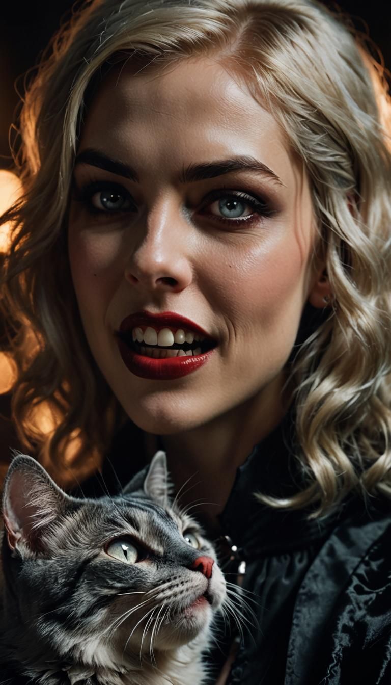 Blonde Vampire Caressing Cat in Cinematic Film Still