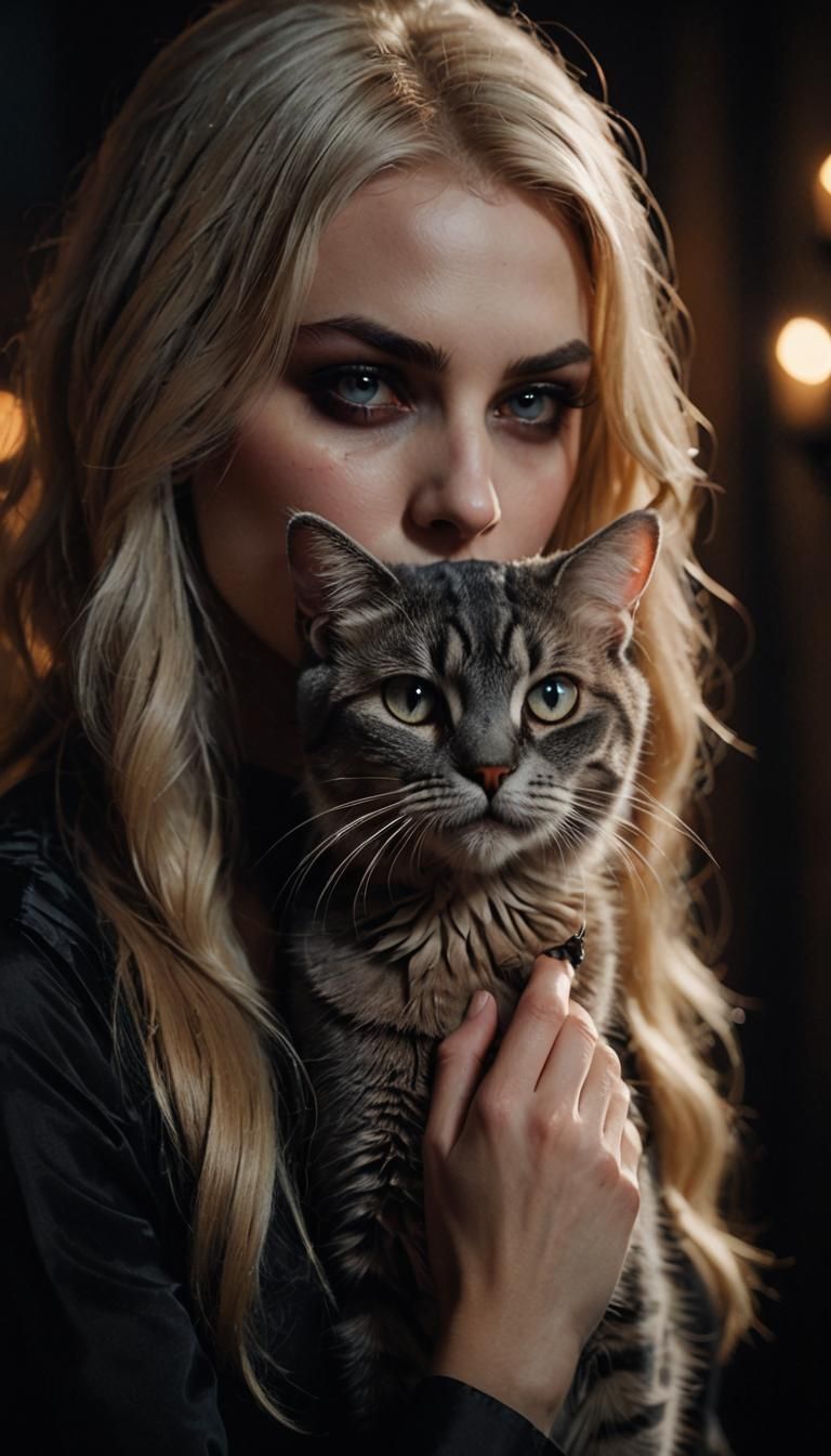 Vampire with Cat in Cinematic Film Still