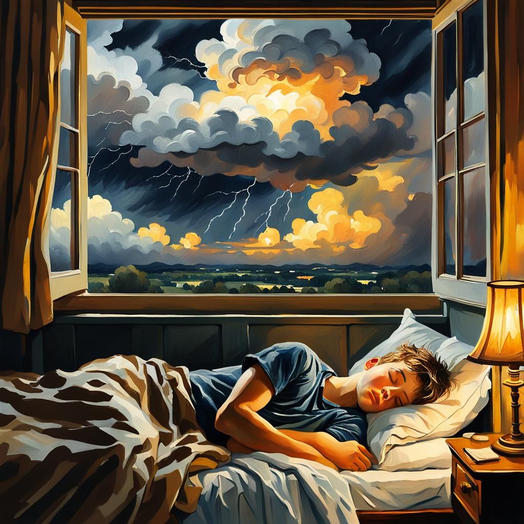 Boy Sleeping Through Storm: Impressionist Gouache Painting