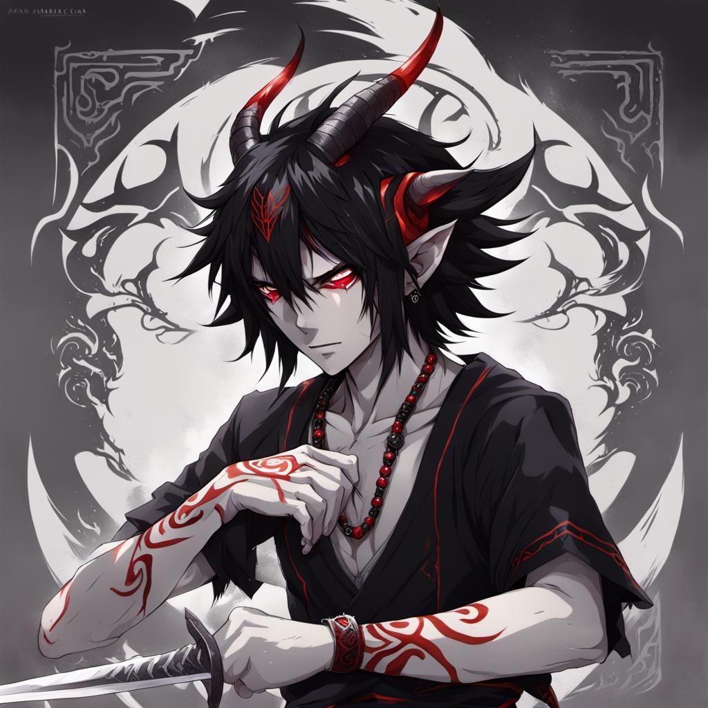 Anime Boy with Tribal Markings and Demon Horns