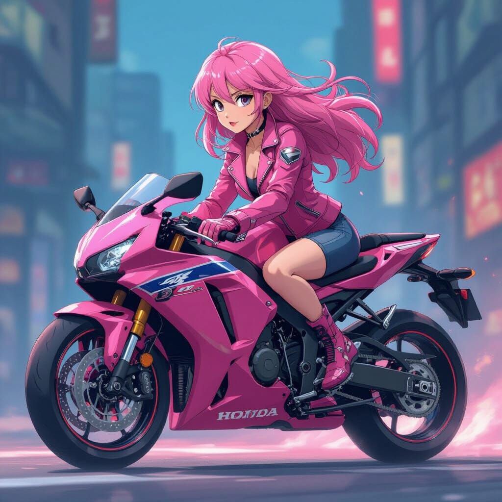 Pink-Haired Girl on Honda CBR 600 in Manga Style